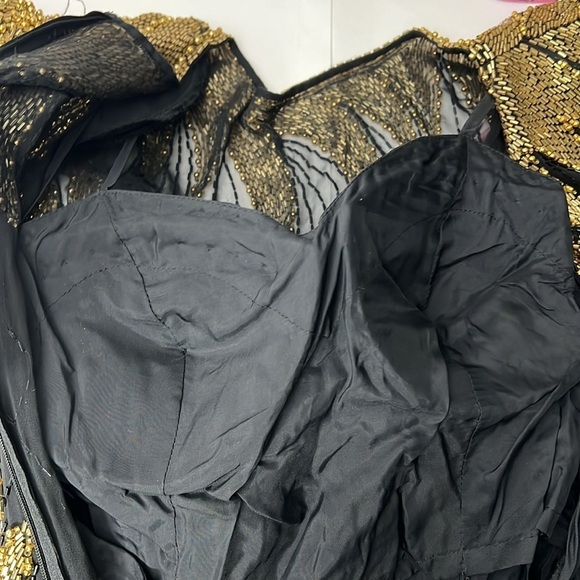 Nite Line Sz 10 Black Silk Gold Bugle Beaded Full Length Side Slit Dress Gown - Picture 15 of 16